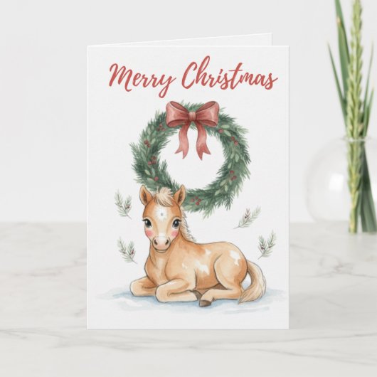 Vintage Christmas Foal with Holiday Wreath Card Karte (Vorderseite)