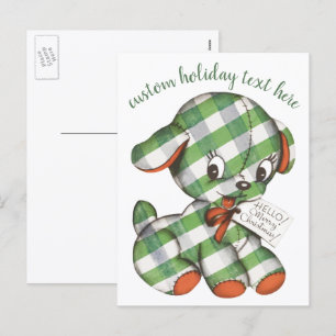 Vintage Christmas Gingham Puppy Dog Stufftier Feiertagspostkarte