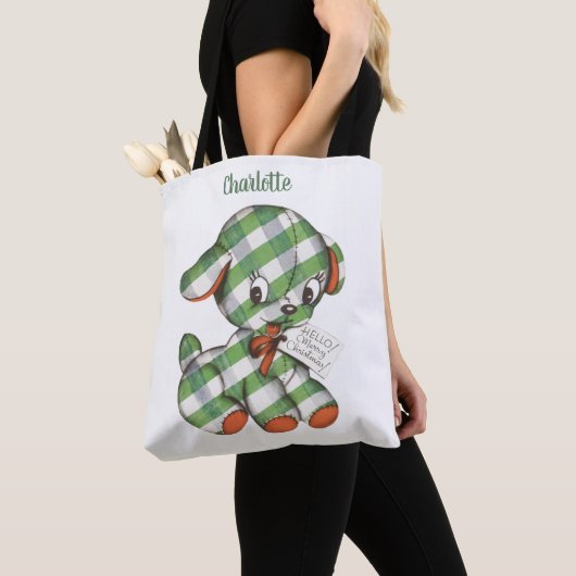 Vintage Christmas Gingham Puppy Dog Stufftier Tasche (Von Nahem)