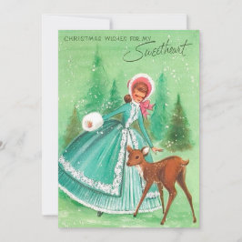 Vintage Christmas Girl Deer Sweetheart Feiertagskarte