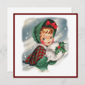 Vintage Christmas Girl Holding Holly Feiertagskarte (Vorne/Hinten)