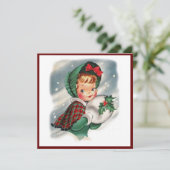 Vintage Christmas Girl Holding Holly Feiertagskarte (Stehend Vorderseite)