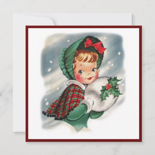 Vintage Christmas Girl Holding Holly Feiertagskarte (Vorderseite)