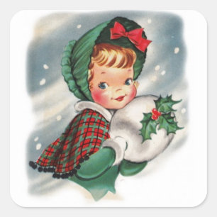 Vintage Christmas Girl Holding Holly Quadratischer Aufkleber