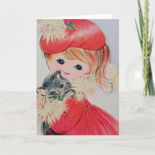 Vintage Christmas Girl Holding Kitty Feiertagskarte