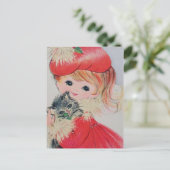 Vintage Christmas Girl Holding Kitty Feiertagspostkarte (Stehend Vorderseite)