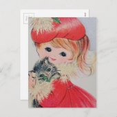 Vintage Christmas Girl Holding Kitty Feiertagspostkarte (Vorne/Hinten)