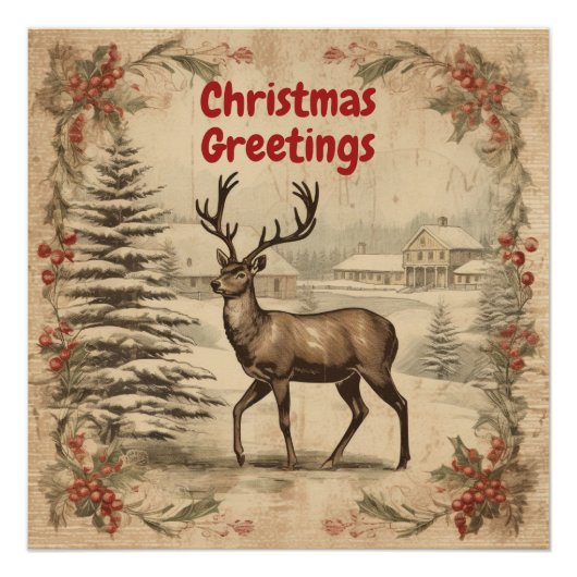 Vintage Christmas Greetings Deer Poster (Vorderseite)