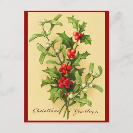 Vintage Christmas Holly Feiertagspostkarte (Vorderseite)