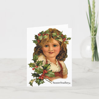 Vintage Christmas Holly Girl - Victorian Art Dankeskarte