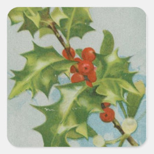 Vintage Christmas Holly Kunstwerk Quadratischer Aufkleber