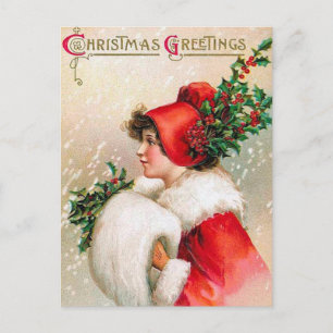 Vintage Christmas Holly Lady Postcard Feiertagspostkarte