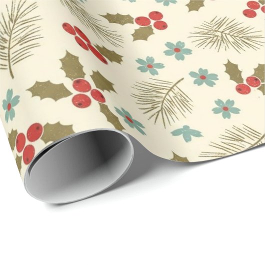 Vintage Christmas Holly & Pine Pattern Geschenkpapier (Rolleneckpunkt)