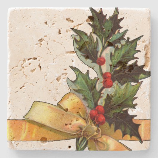 Vintage Christmas Holly Steinuntersetzer (Vorderseite)