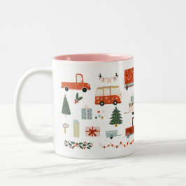 Vintage Christmas Illustration Red Trucks Mug Zweifarbige Tasse