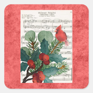 Vintage Christmas Kardinal Music Red Quadratischer Aufkleber