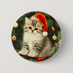 Vintage Christmas Kitten Button
