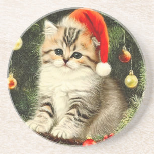Vintage Christmas Kitten Getränkeuntersetzer