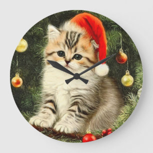 Vintage Christmas Kitten Große Wanduhr