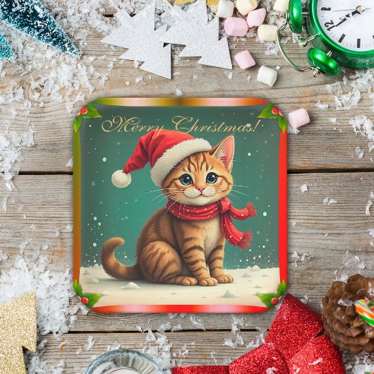 Vintage Christmas Kitten Merry Christmas Pappteller