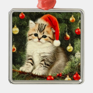 Vintage Christmas Kitten Ornament Aus Metall