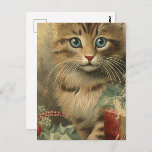 Vintage Christmas Kitten Postkarte (Vorne/Hinten)
