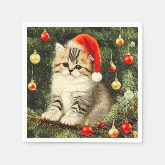 Vintage Christmas Kitten Serviette (Vorderseite)