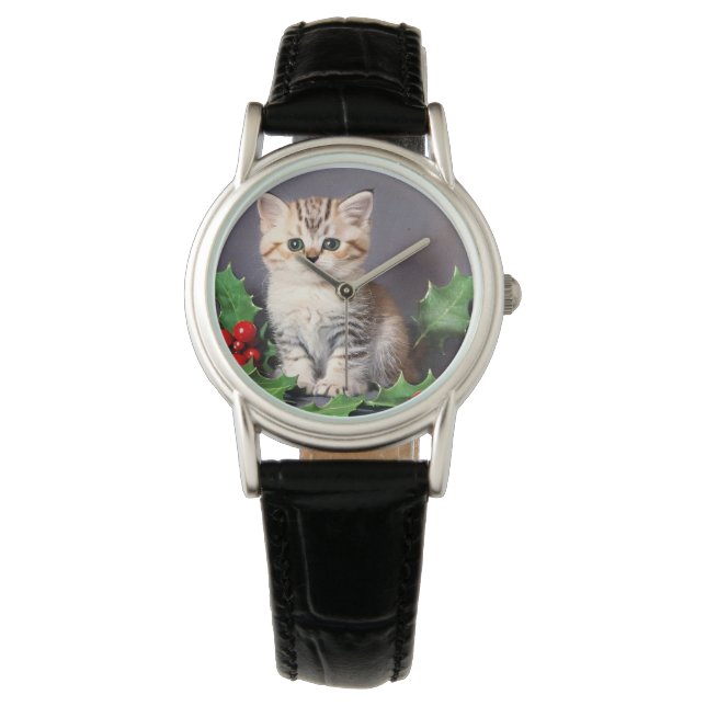 Vintage Christmas Kitten und Holly Armbanduhr (Vorderseite)