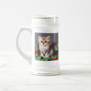 Vintage Christmas Kitten und Holly Bierglas