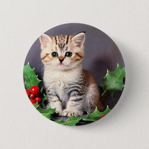 Vintage Christmas Kitten und Holly Button