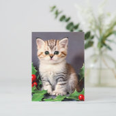 Vintage Christmas Kitten und Holly Feiertagspostkarte (Stehend Vorderseite)