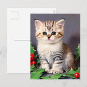 Vintage Christmas Kitten und Holly Feiertagspostkarte (Vorne/Hinten)