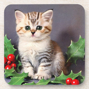Vintage Christmas Kitten und Holly Getränkeuntersetzer