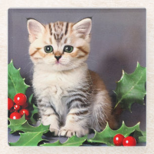 Vintage Christmas Kitten und Holly Glasuntersetzer