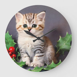 Vintage Christmas Kitten und Holly Große Wanduhr
