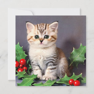 Vintage Christmas Kitten und Holly Karte