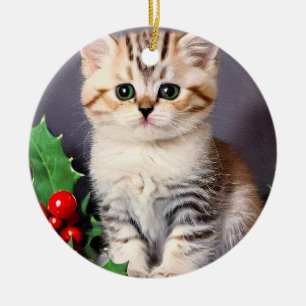 Vintage Christmas Kitten und Holly Keramik Ornament