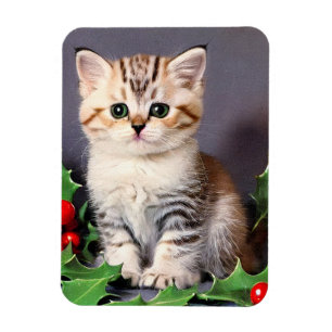Vintage Christmas Kitten und Holly Magnet