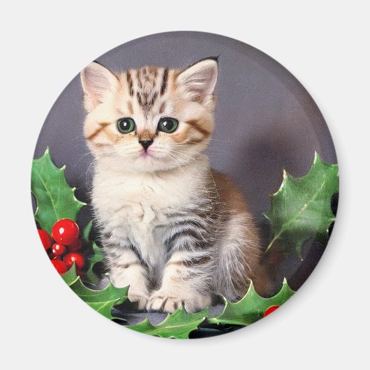 Vintage Christmas Kitten und Holly Magnet (Vorne)