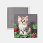 Vintage Christmas Kitten und Holly Magnet (Vorderseite/Rückseite)