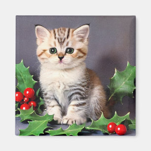 Vintage Christmas Kitten und Holly Magnet