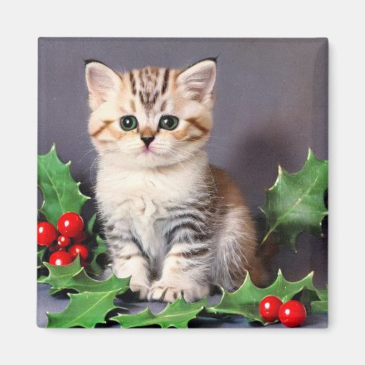 Vintage Christmas Kitten und Holly Magnet (Vorne)