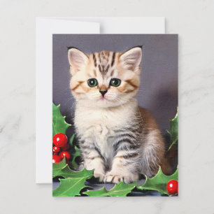 Vintage Christmas Kitten und Holly Mitteilungskarte