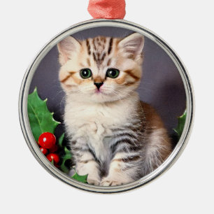 Vintage Christmas Kitten und Holly Ornament Aus Metall