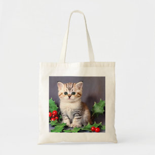 Vintage Christmas Kitten und Holly Tragetasche