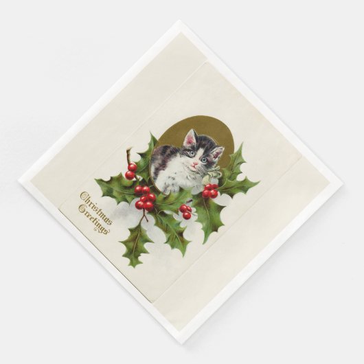 Vintage Christmas Kitten White Serviette (Ecke)