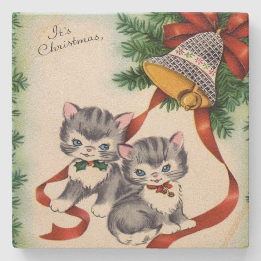Vintage Christmas Kittens Steinuntersetzer (Vorderseite)