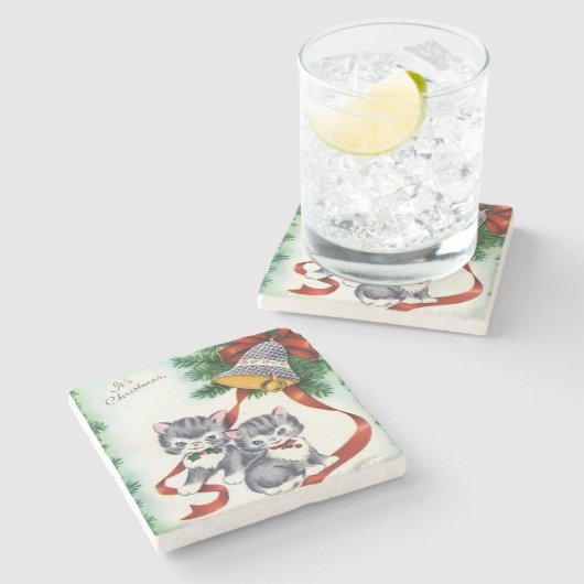 Vintage Christmas Kittens Steinuntersetzer (Seitenansicht)