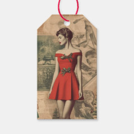 Vintage Christmas Lady in Red Collage Gift Tag Geschenkanhänger