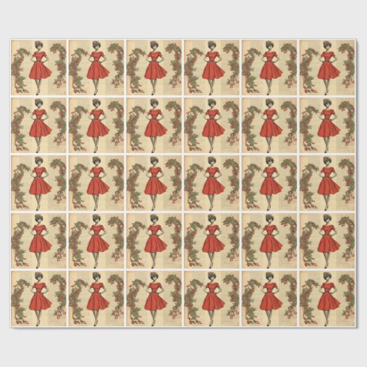 Vintage Christmas Lady in Red HolidayWrappingPaper Geschenkpapier (Flach)